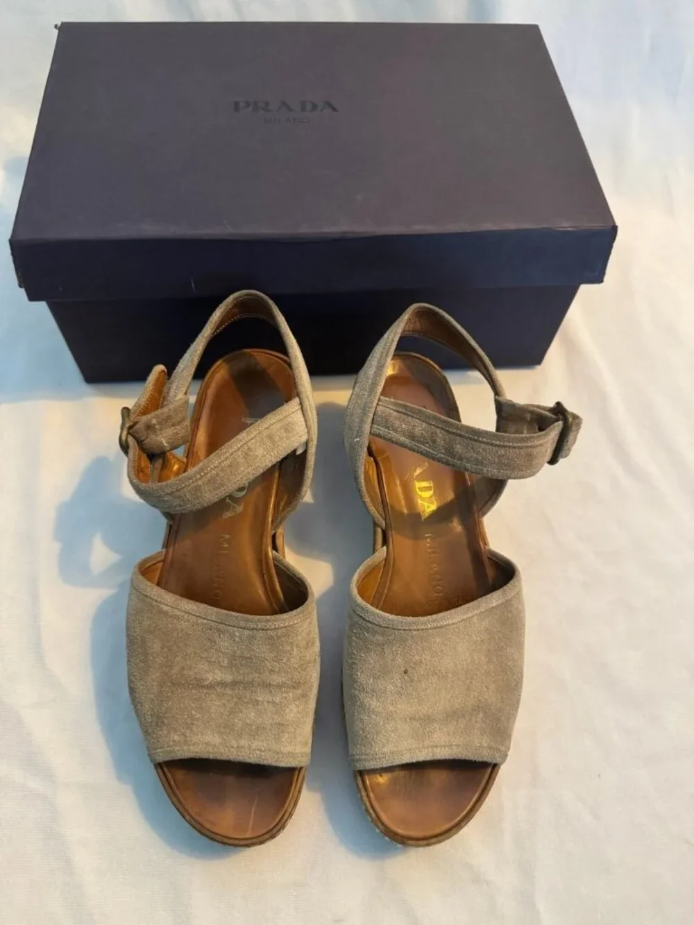 PRADA Milano Beige Suede Platform Wedge Sandals Ankle Strap 37.5 With Box